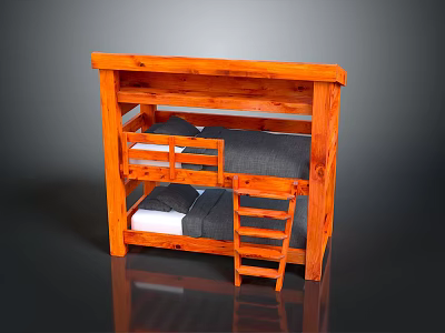 Orange Wooden Bunk Bed Design With Ladder And Gray Mattresses 3d model