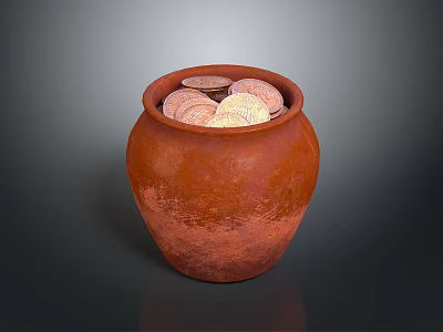 Rustic Brown Clay Pot Filled With Metal Coins For Household Storage 3d model