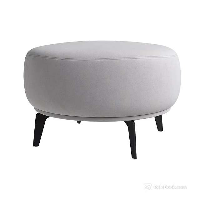 Round Light Gray Upholstered Ottoman With Black Slim Legs For Living Room 3d model 