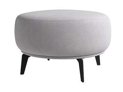 Round Light Gray Upholstered Ottoman With Black Slim Legs For Living Room 3d model