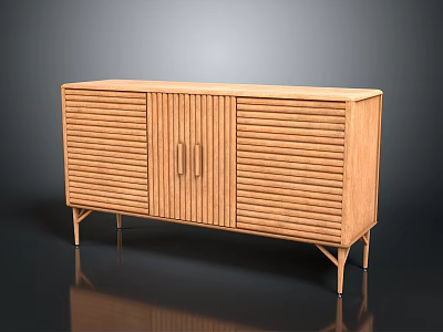 Modern Wooden Entryway Cabinet Sideboard With Vertical Slats Doors And Slim Legs 3d model