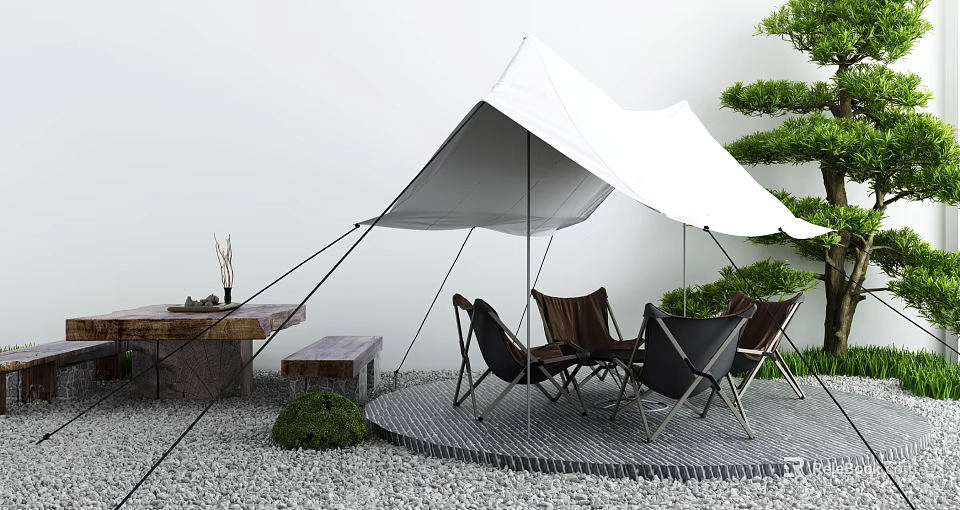 White Camping Tent With Tables And Chairs On Gravel Ground And Green Plants 3d model 