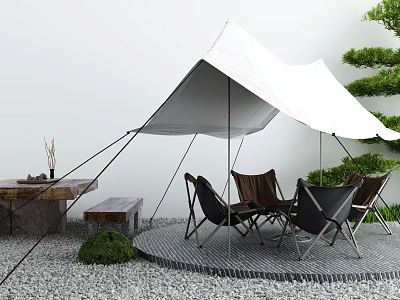 White Camping Tent With Tables And Chairs On Gravel Ground And Green Plants 3d model