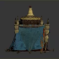 Decorative Furniture With Blue Fabric Golden Accents Tent Like Design And Wooden Base