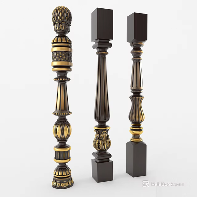 Ornate Railing Balusters Design With Black And Gold Carved Details And Layered Structure 3d model 