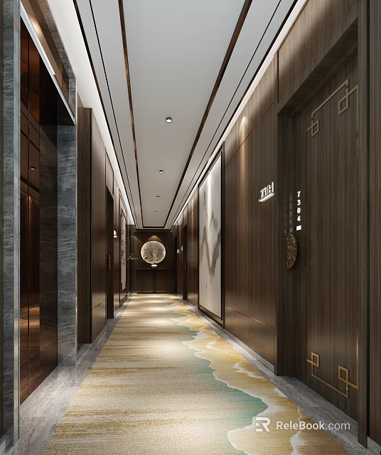 Elegant Hotel Corridor With Wooden Doors Patterned Carpet Warm Lighting And Modern Decor 3d model 