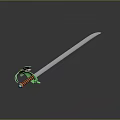 Silver Decorative Sword With Green And Orange Hilt On Reflective Dark Background