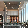 Modern Spacious Hotel Lobby Interior With Marble Reception Desk Bookshelves And Pendant Lights