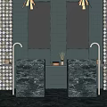 Modern Bathroom Washbasin Design With Double Marble Basins Gray Tiled Walls And Mirrors