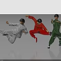 Three Men Practicing Martial Arts in Colorful Traditional Costumes with Dynamic Poses