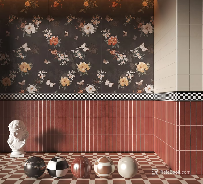 Red And White Checkered Floor Tiles In Interior With Floral Wallpaper And Red Tiled Wall 3d model 