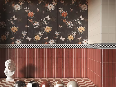 Red And White Checkered Floor Tiles In Interior With Floral Wallpaper And Red Tiled Wall 3d model