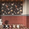 Red And White Checkered Floor Tiles In Interior With Floral Wallpaper And Red Tiled Wall