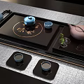 Elegant Tea Set with Dark Tray Mountain Moon Patterns Teapot and Cups on Table 3d model
