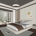 Modern Elegant Bedroom Interior With Bed Decorative Painting Blinds White Chair Rug And Table Lamp