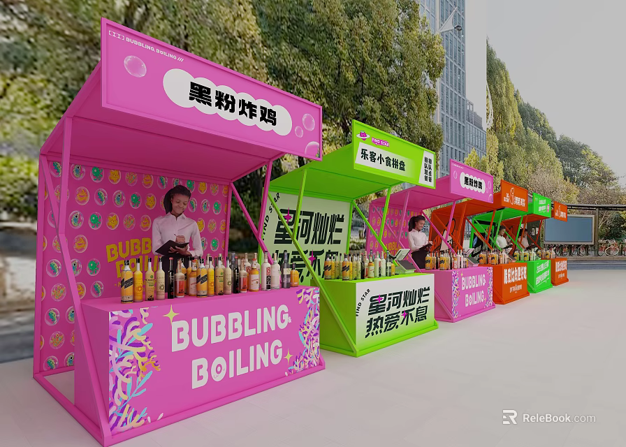 Colorful Mobile Food Carts Selling Fried Chicken Drinks And Spicy Skewers On Street 3d model 