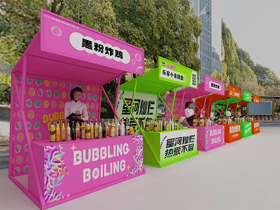 Colorful Mobile Food Carts Selling Fried Chicken Drinks And Spicy Skewers On Street 3d model