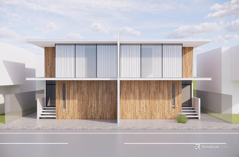 Modern Two Story Detached House With Wooden Exterior Large Windows And Front Steps 3d model 