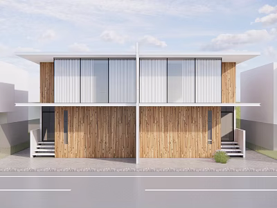 Modern Two Story Detached House With Wooden Exterior Large Windows And Front Steps 3d model
