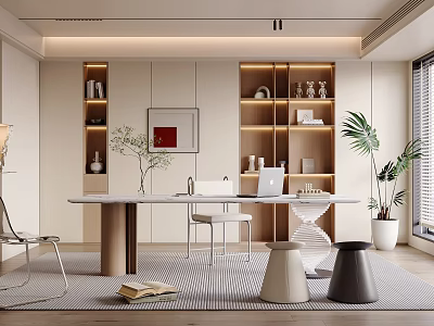 Modern Study Room Interior With Wooden Shelves Writing Desk Chairs And Potted Palm Plant 3d model