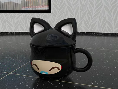 Black Cat Ear Design Mug With Cartoon Face And Lid In Modern Kitchen 3d model