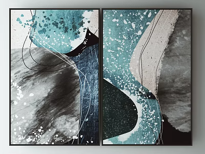 Abstract Two Panel Wall Art With Blue Black Tones Geometric Lines And Splatter Patterns 3d model