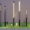 Outdoor Garden Lighting Combinations With Various Illuminated Lamp Posts Of Different Heights And Designs