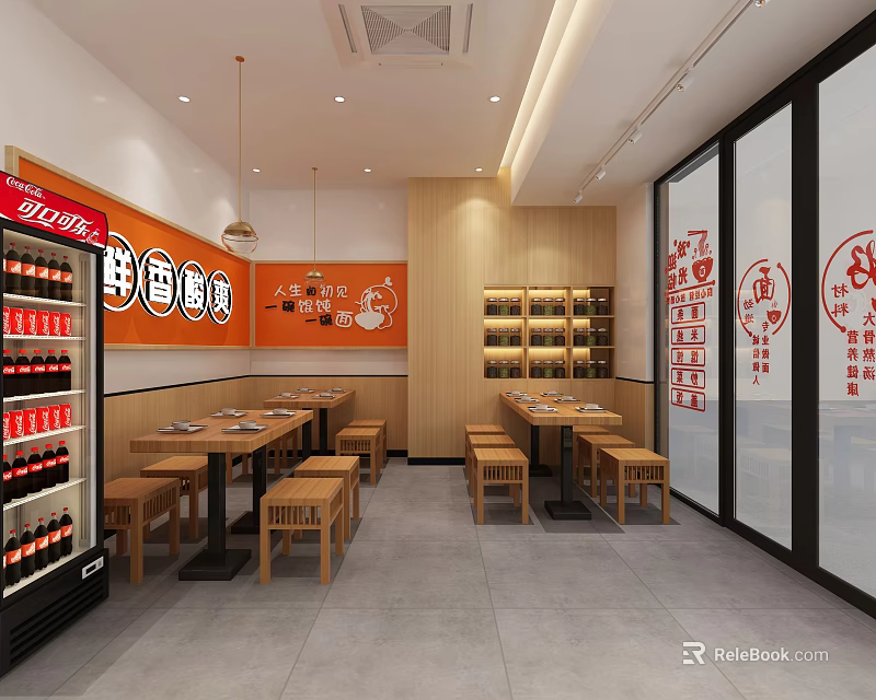 Modern Chinese Restaurant Interior With Wooden Tables Beverage Display Orange Wall And Menu Posters 3d model 