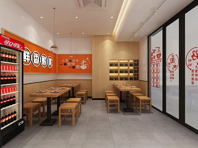 Modern Chinese Restaurant Interior With Wooden Tables Beverage Display Orange Wall And Menu Posters 3d model