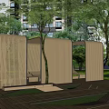 Wooden Pergola Structure In Park With Green Trees Lawn And Seating Benches