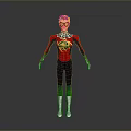 Red Haired Superhero 3D Character With Yellow Goggles Red Black Costume Green Accents