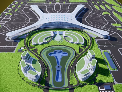 Modern Airport Terminal Architecture With Unique Roof Green Landscape Parking Areas And Circular Layout 3d model