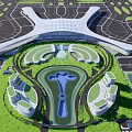 Modern Airport Terminal Architecture With Unique Roof Green Landscape Parking Areas And Circular Layout