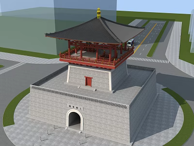 Ancient Architecture with Traditional Roof Red Railings Gray Walls and Archway Entrance Plaza Road 3d model