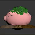 Pink Pig Decorative Ornament With Green Leaves On Brown Stone Base