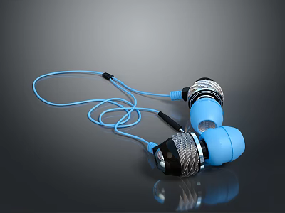 Computer Compatible Wired Earphones With Blue Earbuds And Black Braided Cable 3d model