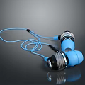 Computer Compatible Wired Earphones With Blue Earbuds And Black Braided Cable 3d model
