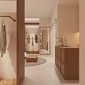 Modern Minimalist Clothing Store With Hanging Clothes Mannequins Handbags And Green Tree