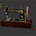 Vintage Sewing Machine With Black Body Golden Patterns Wooden Base And Red Thread Spool