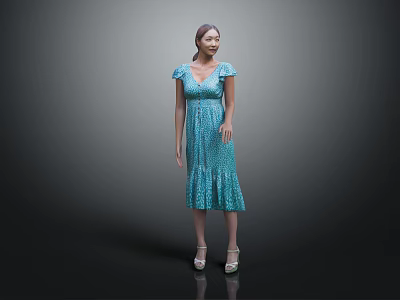 Stylish Woman In Blue Polka Dot Midi Dress Standing Against Gray Background 3d model
