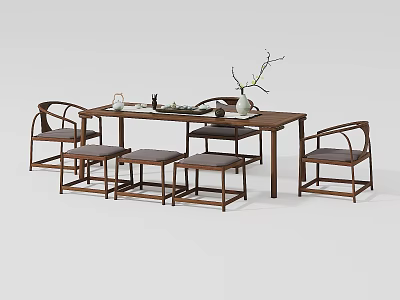 Traditional Wooden Tea Table And Chairs Set With Classic Design And Decorative Vase 3d model