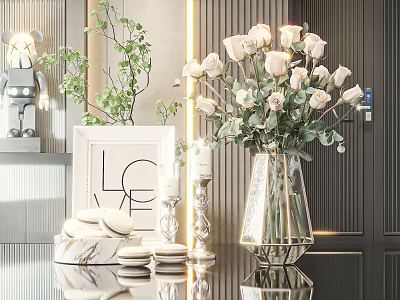 Transparent Glass Vase With White Roses On Marble Countertop Candles LOVE Frame And Green Plants 3d model