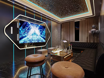 Modern KTV Interior Design With Starry Ceiling Large Screen Sofa And Glass Table 3d model