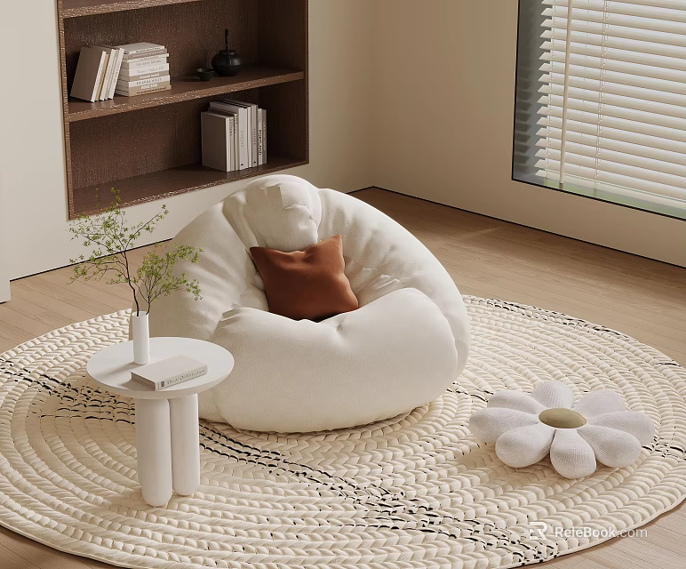 White Plush Bean Bag Chair With Soft Pillow On Round Rug In Cozy Living Room 3d model 