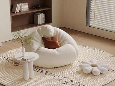 White Plush Bean Bag Chair With Soft Pillow On Round Rug In Cozy Living Room 3d model