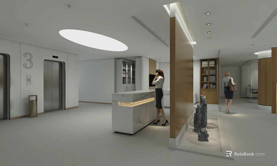 Modern Elevator Lobby Interior With Marble Reception Desk People And Sculptures 3d model 