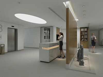 Modern Elevator Lobby Interior With Marble Reception Desk People And Sculptures 3d model