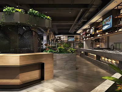 Modern Restaurant Interior Design With Wooden Reception Desk Green Plants And Open Layout 3d model