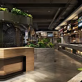 Modern Restaurant Interior Design With Wooden Reception Desk Green Plants And Open Layout