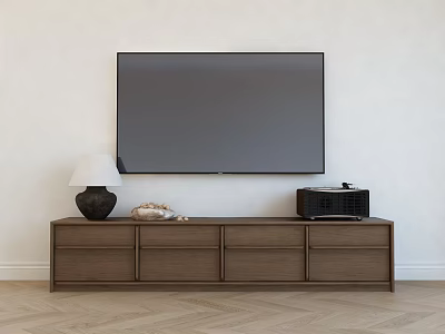 Brown Wooden TV Stand With Drawers Flat Screen TV Table Lamp Decorative Items 3d model